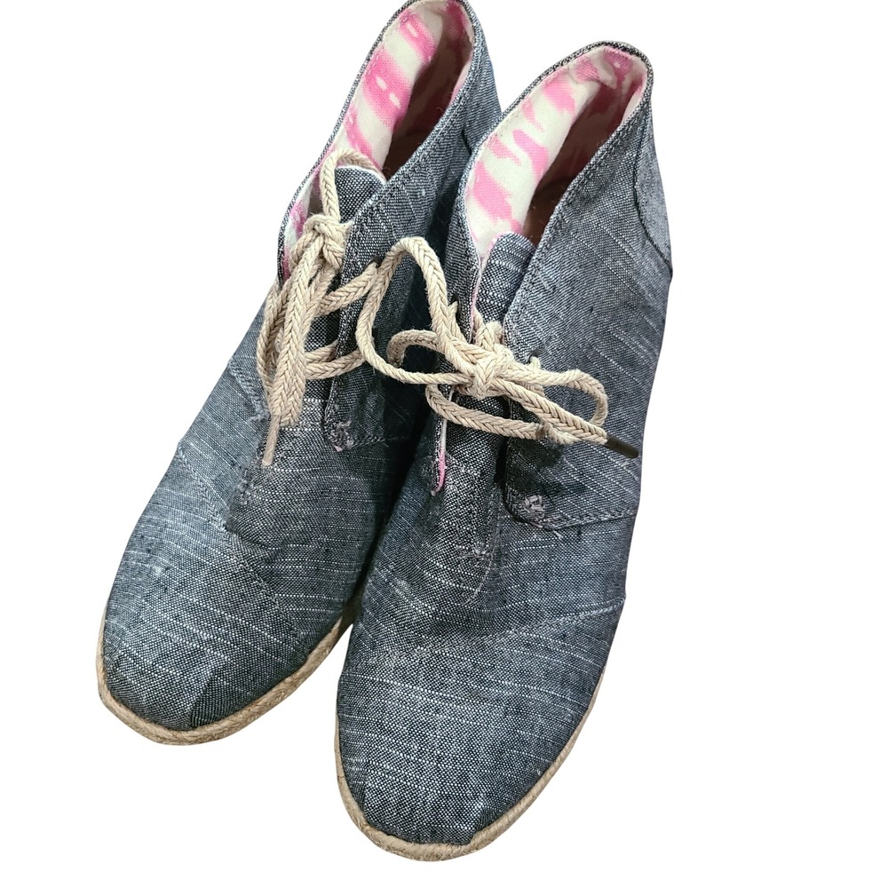 TOMS Desert Wedge Grey Chambray Espadrille Lace Up Booties Womens 8.5